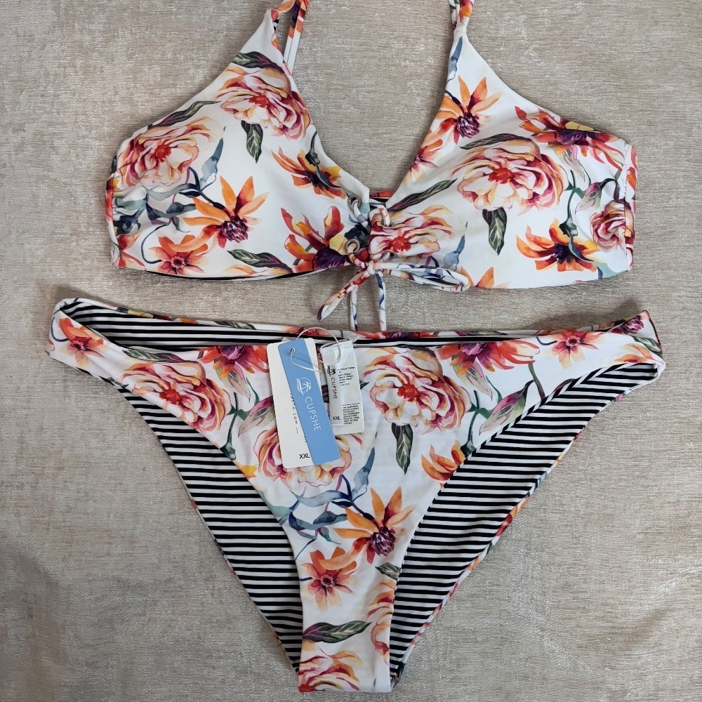 NWT CupShe 2 Pc Bikini Bathing Suit Stripe‎ Floral Reversible Tie Front Sz XXL
